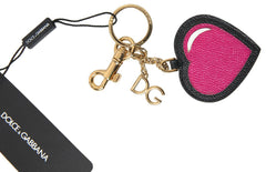 Dolce & Gabbana Black Fuchsia Heart Leather Gold Metal Keyring Keychain -   -  Dolce & Gabbana.
