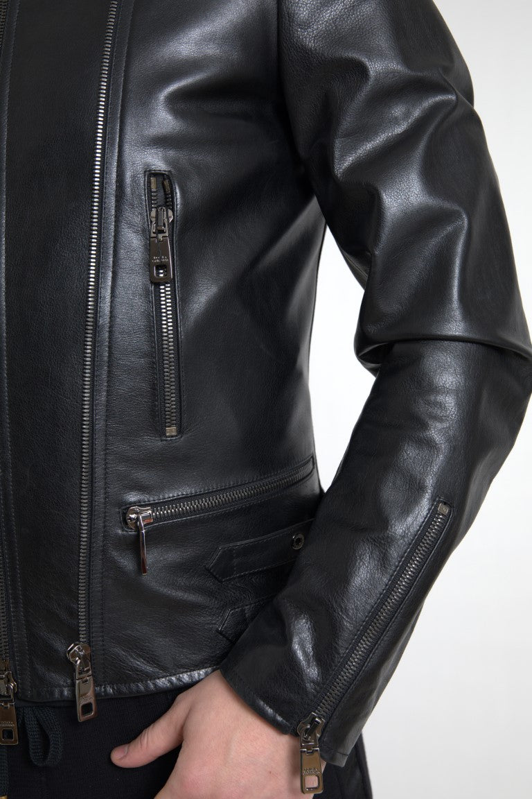 Dolce & Gabbana Black Leather Zipper Coat Men Jacket -   -  Dolce & Gabbana.