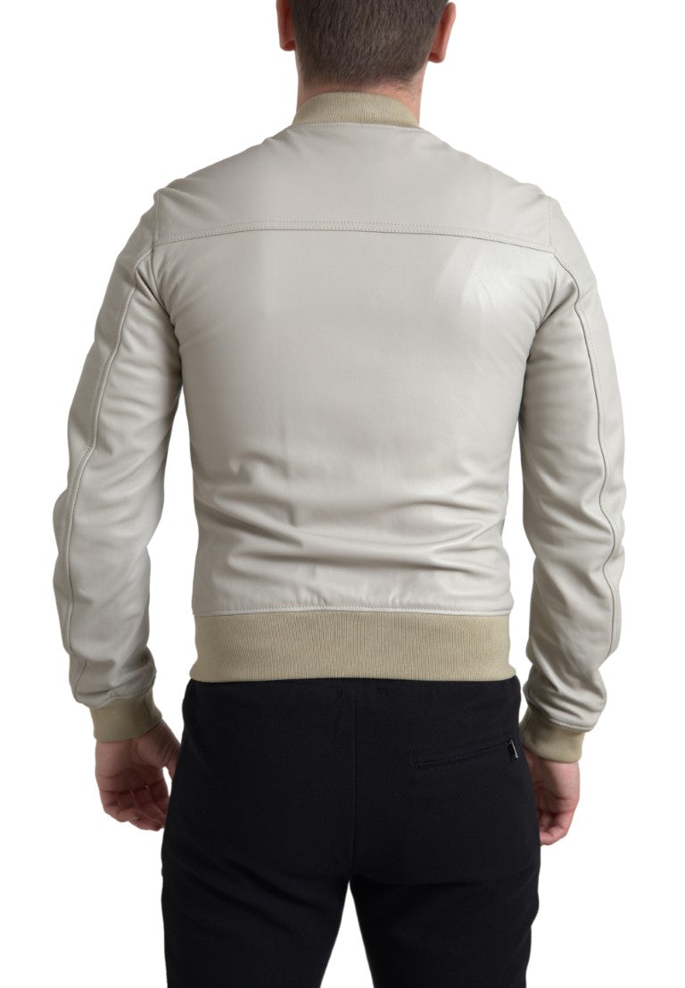 Dolce & Gabbana Cream Leather Bomber Blouson Full Zip Jacket -   -  Dolce & Gabbana.
