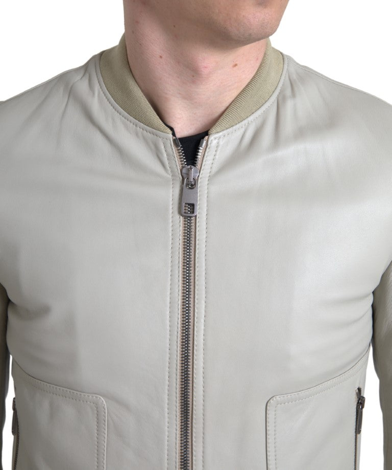 Dolce & Gabbana Cream Leather Bomber Blouson Full Zip Jacket -   -  Dolce & Gabbana.
