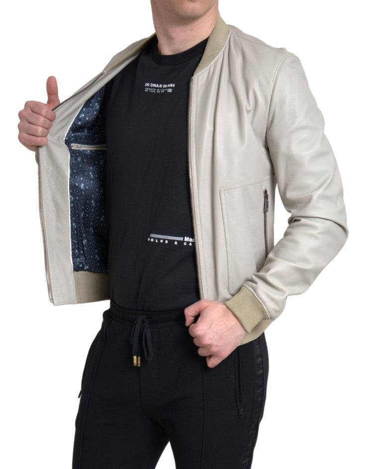 Dolce & Gabbana Cream Leather Bomber Blouson Full Zip Jacket -   -  Dolce & Gabbana.