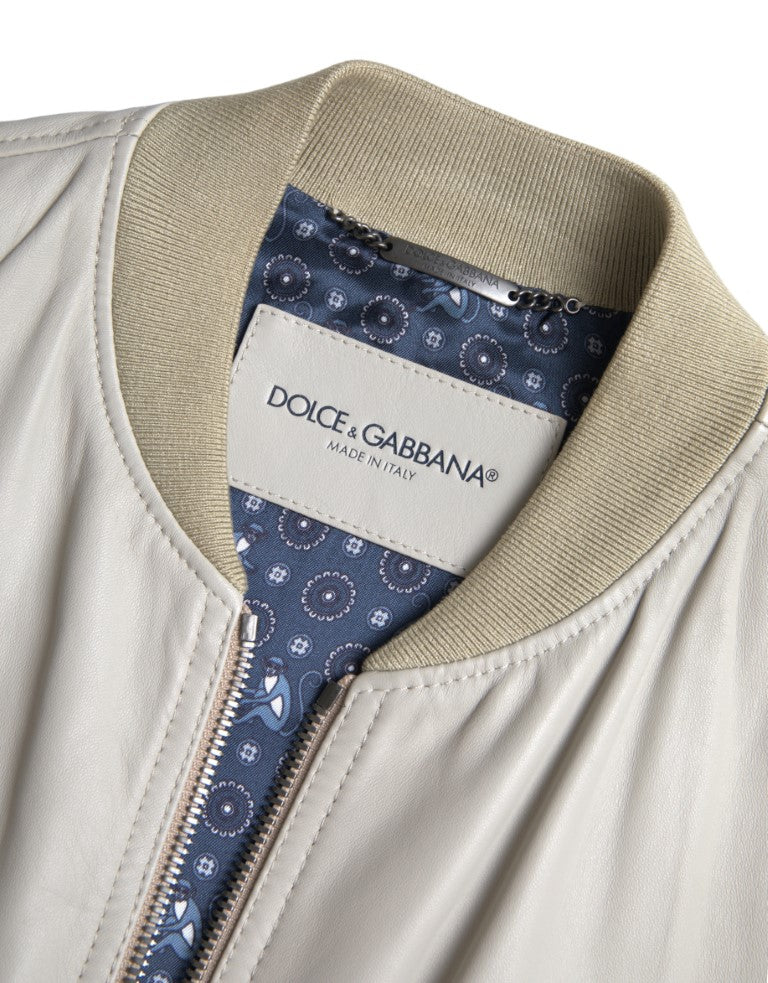 Dolce & Gabbana Cream Leather Bomber Blouson Full Zip Jacket -   -  Dolce & Gabbana.