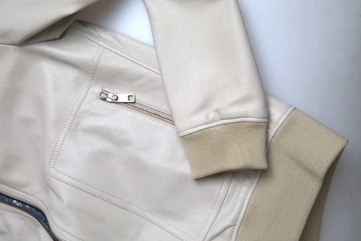 Dolce & Gabbana Cream Leather Bomber Blouson Full Zip Jacket -   -  Dolce & Gabbana.
