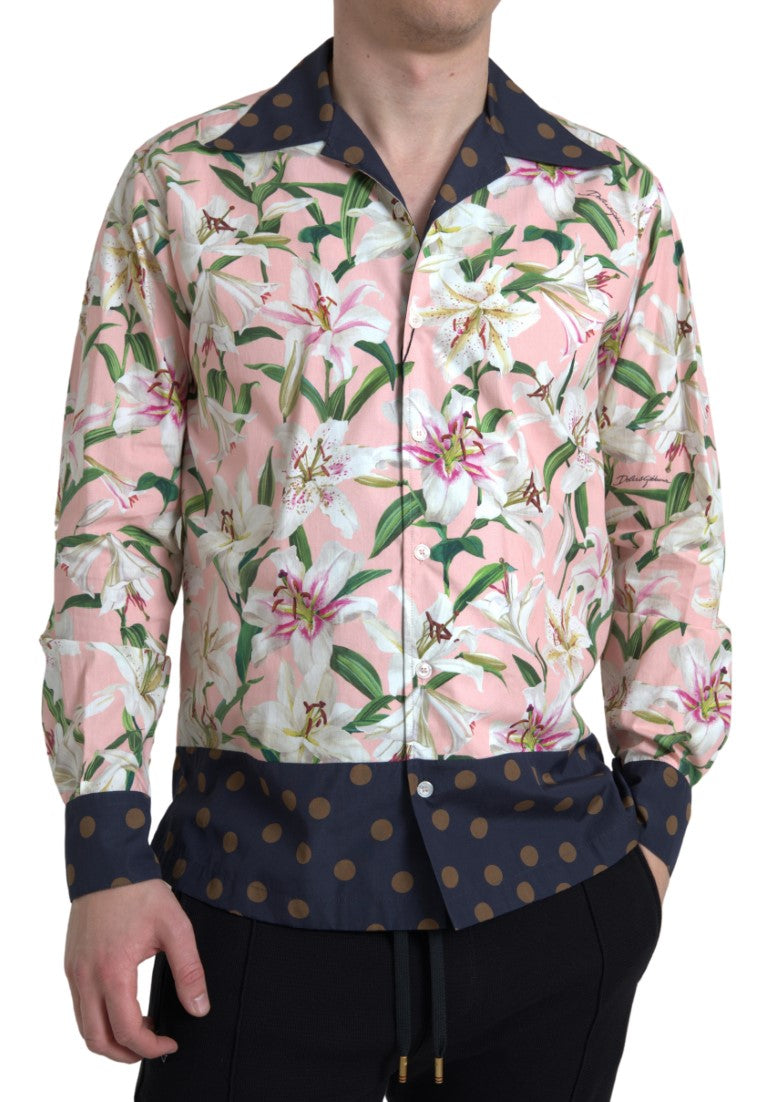 Dolce & Gabbana Cotton Polka Dot Lily Print Collared Shirt -   -  Dolce & Gabbana.