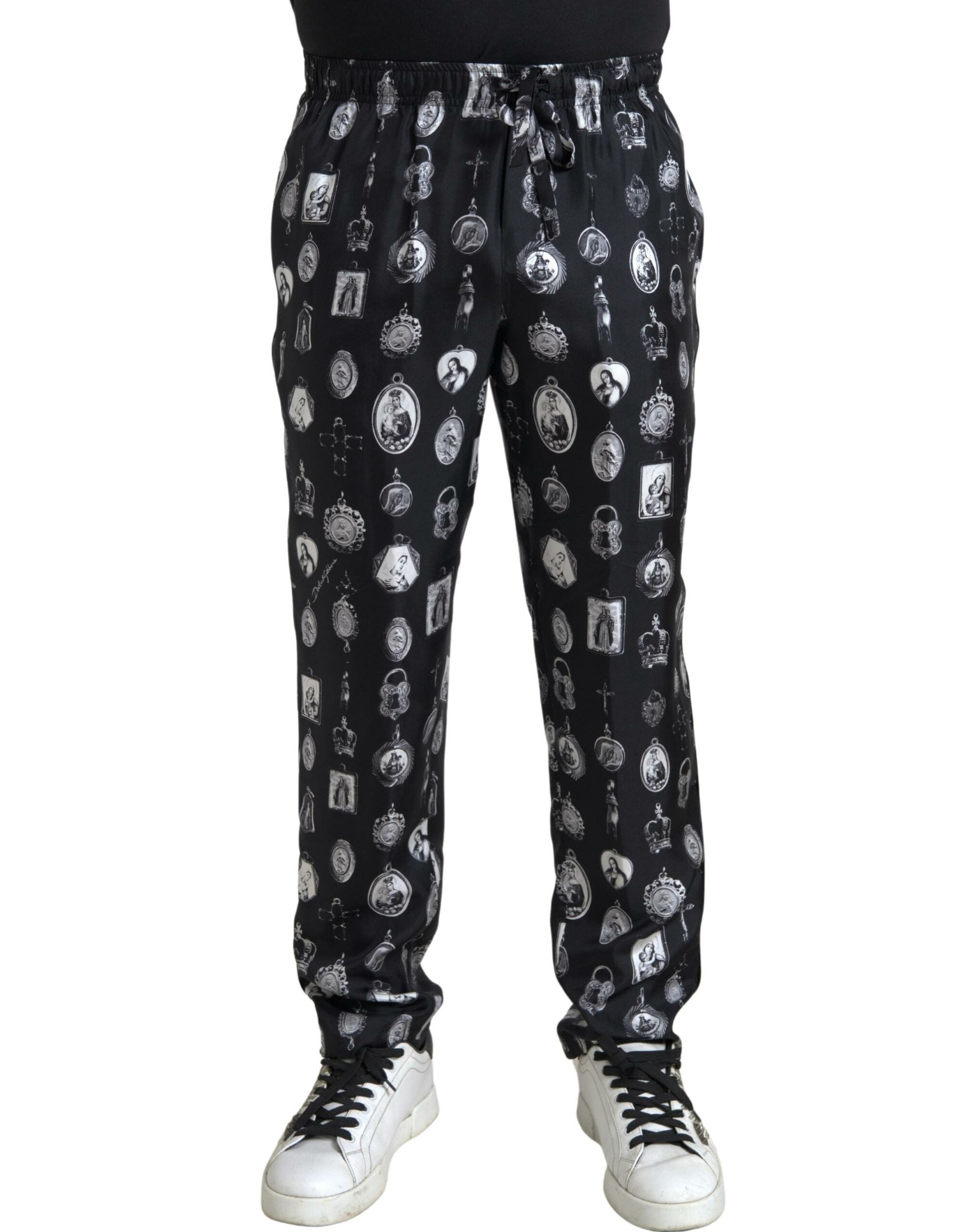 Dolce & Gabbana Black Religious Print Joggers Silk Men Pants -   -  Dolce & Gabbana.