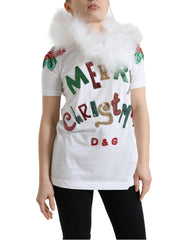 Dolce & Gabbana White Cotton Christmas Sequin Fur T-shirt -   -  Dolce & Gabbana.