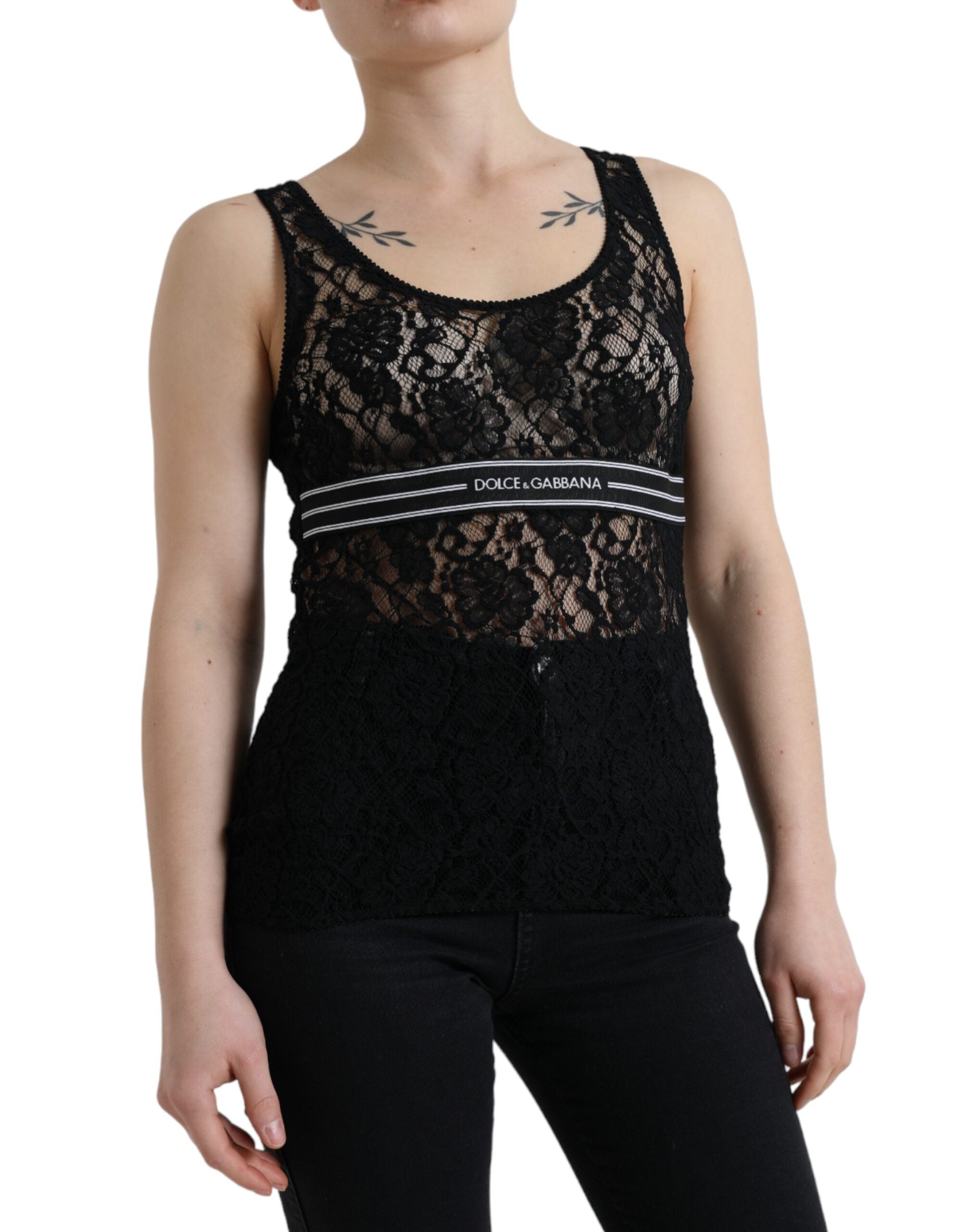 Dolce & Gabbana Black Logo Stripe Lace Sleeveless Tank Top -   -  Dolce & Gabbana.