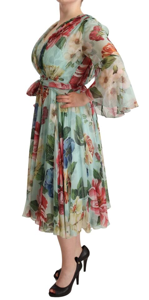 Dolce & Gabbana Multicolor Green Floral Silk Wrap Midi Dress -   -  Dolce & Gabbana.