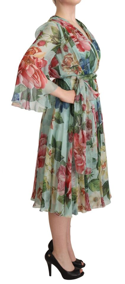 Dolce & Gabbana Multicolor Green Floral Silk Wrap Midi Dress -   -  Dolce & Gabbana.