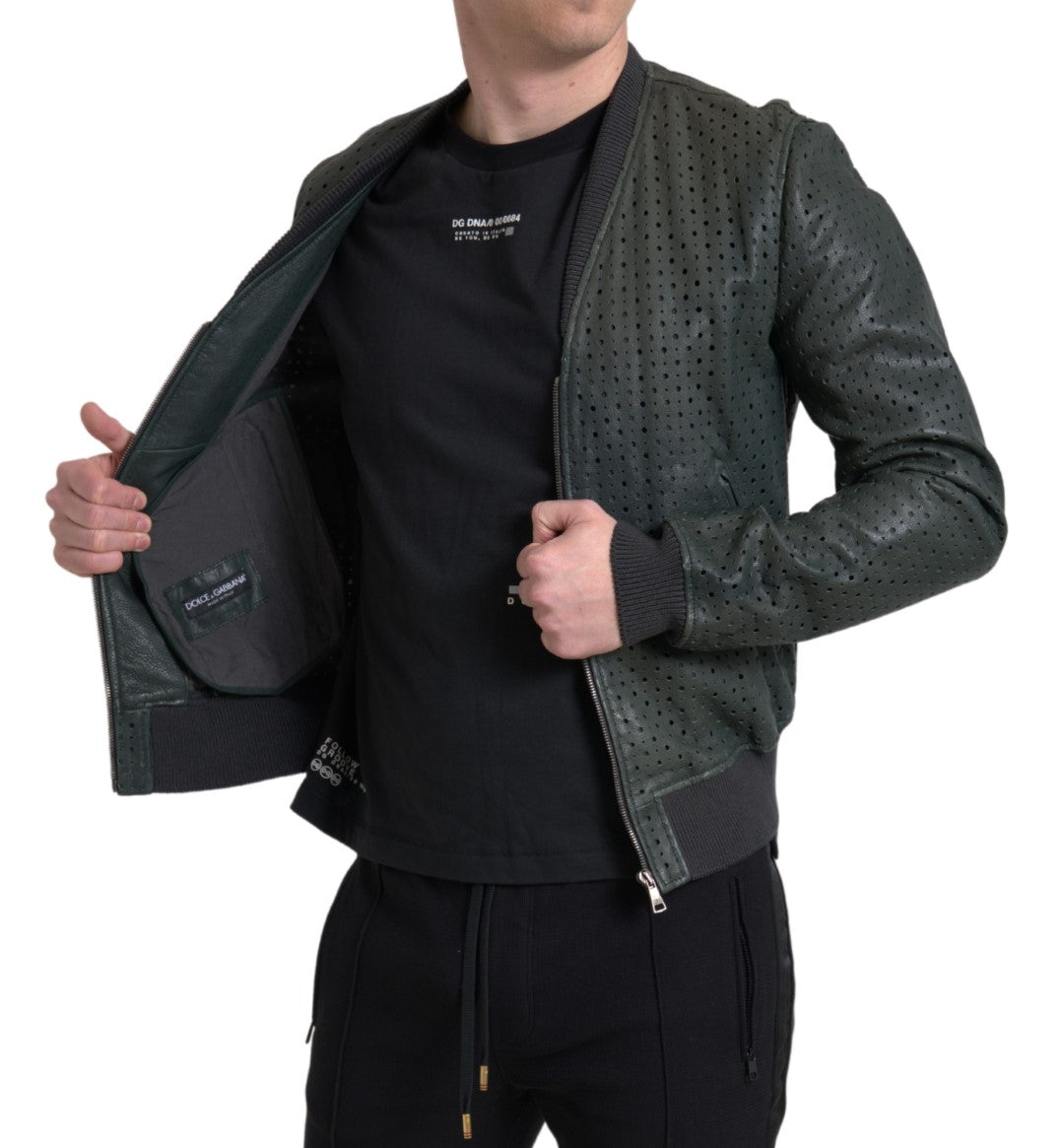 Dolce & Gabbana Green Perforated Leather Bomber Jacket -   -  Dolce & Gabbana.