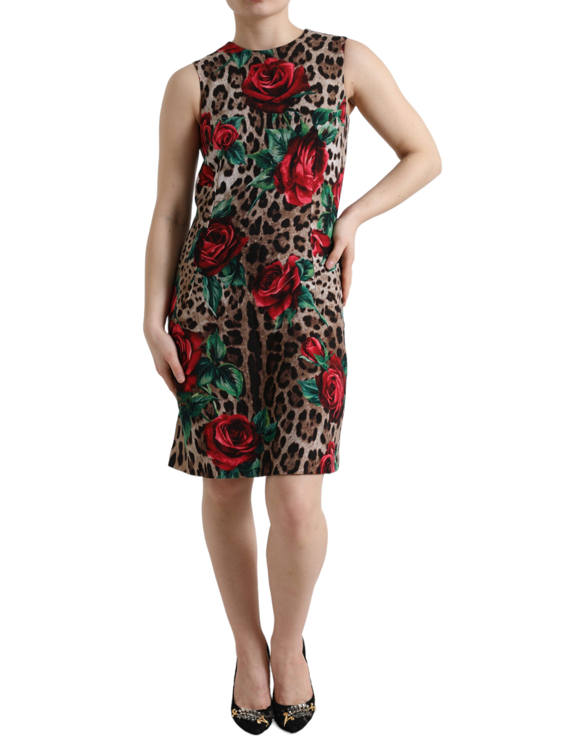 Dolce & Gabbana Brown Leopard Red Roses Wool A-line Dress -   -  Dolce & Gabbana.