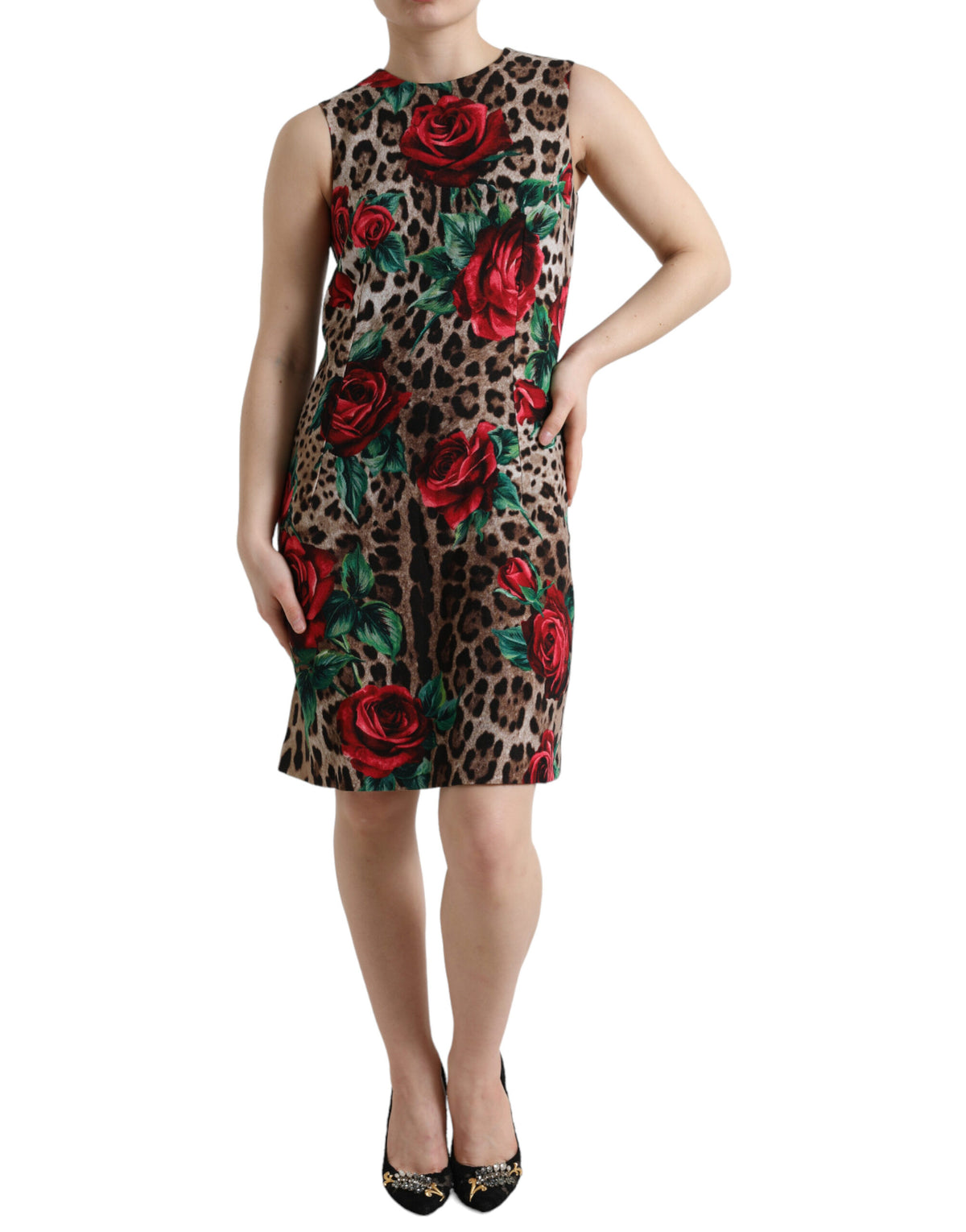 Dolce & Gabbana Brown Leopard Red Roses Wool A-line Dress -   -  Dolce & Gabbana.