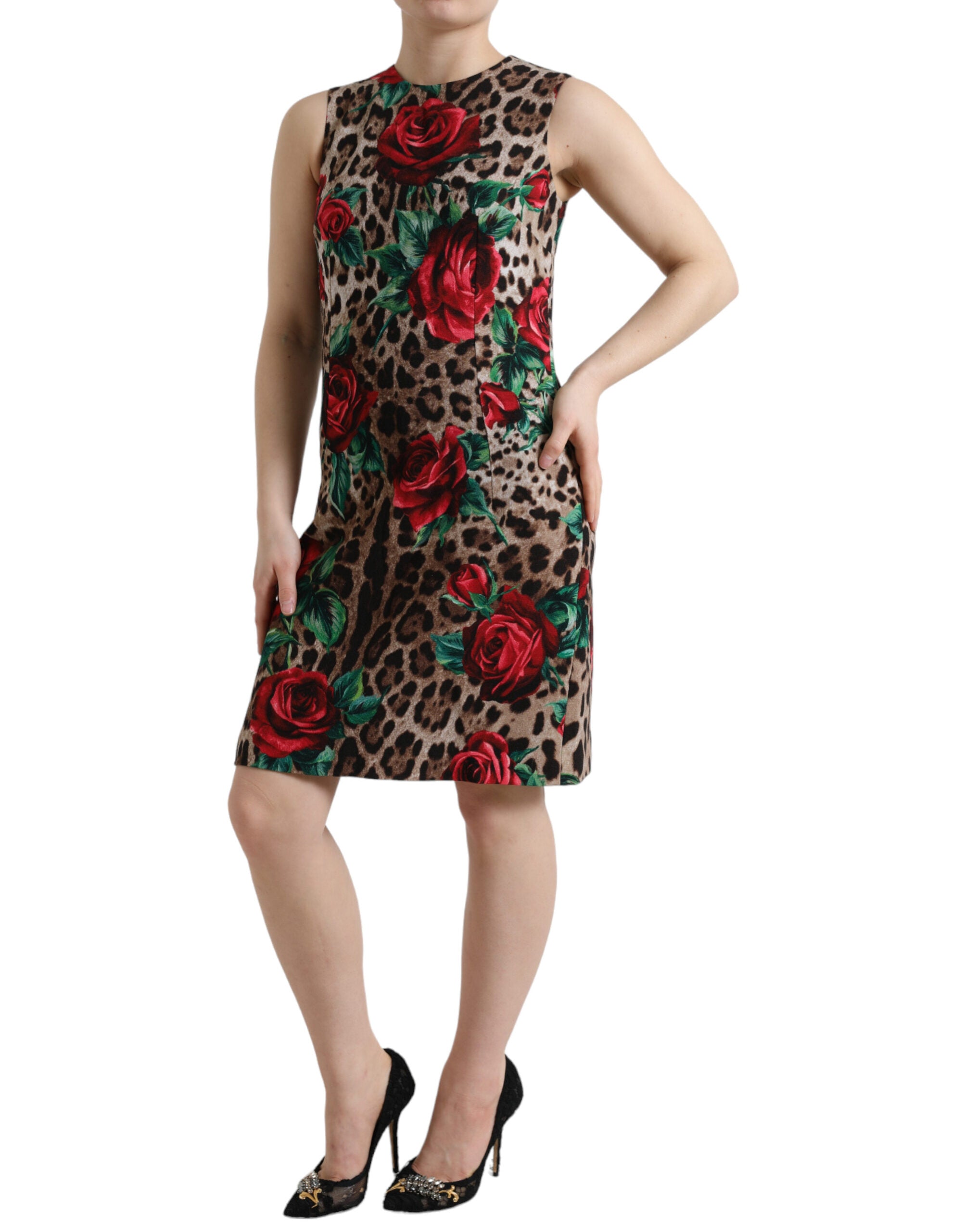 Dolce & Gabbana Brown Leopard Red Roses Wool A-line Dress -   -  Dolce & Gabbana.