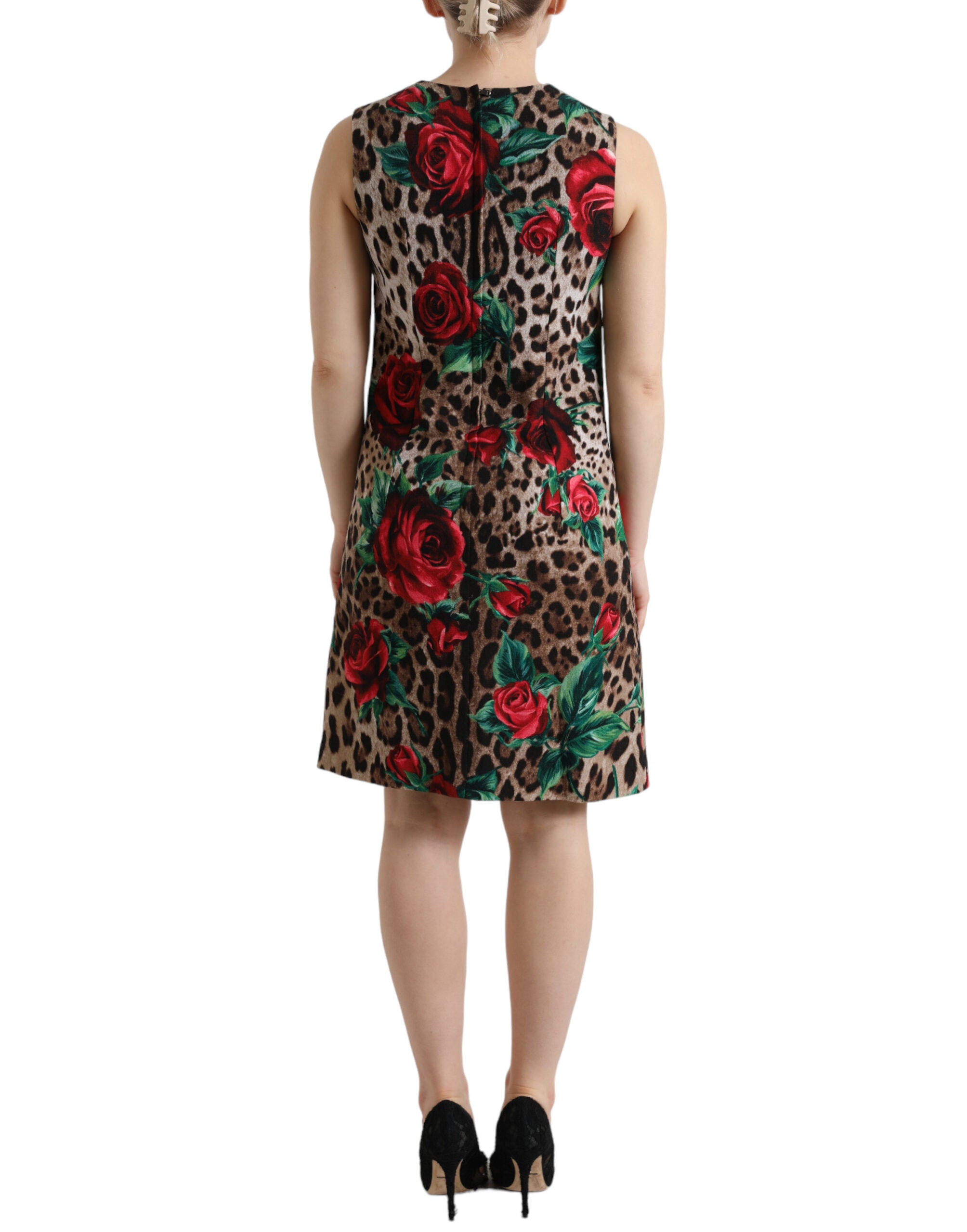 Dolce & Gabbana Brown Leopard Red Roses Wool A-line Dress -   -  Dolce & Gabbana.
