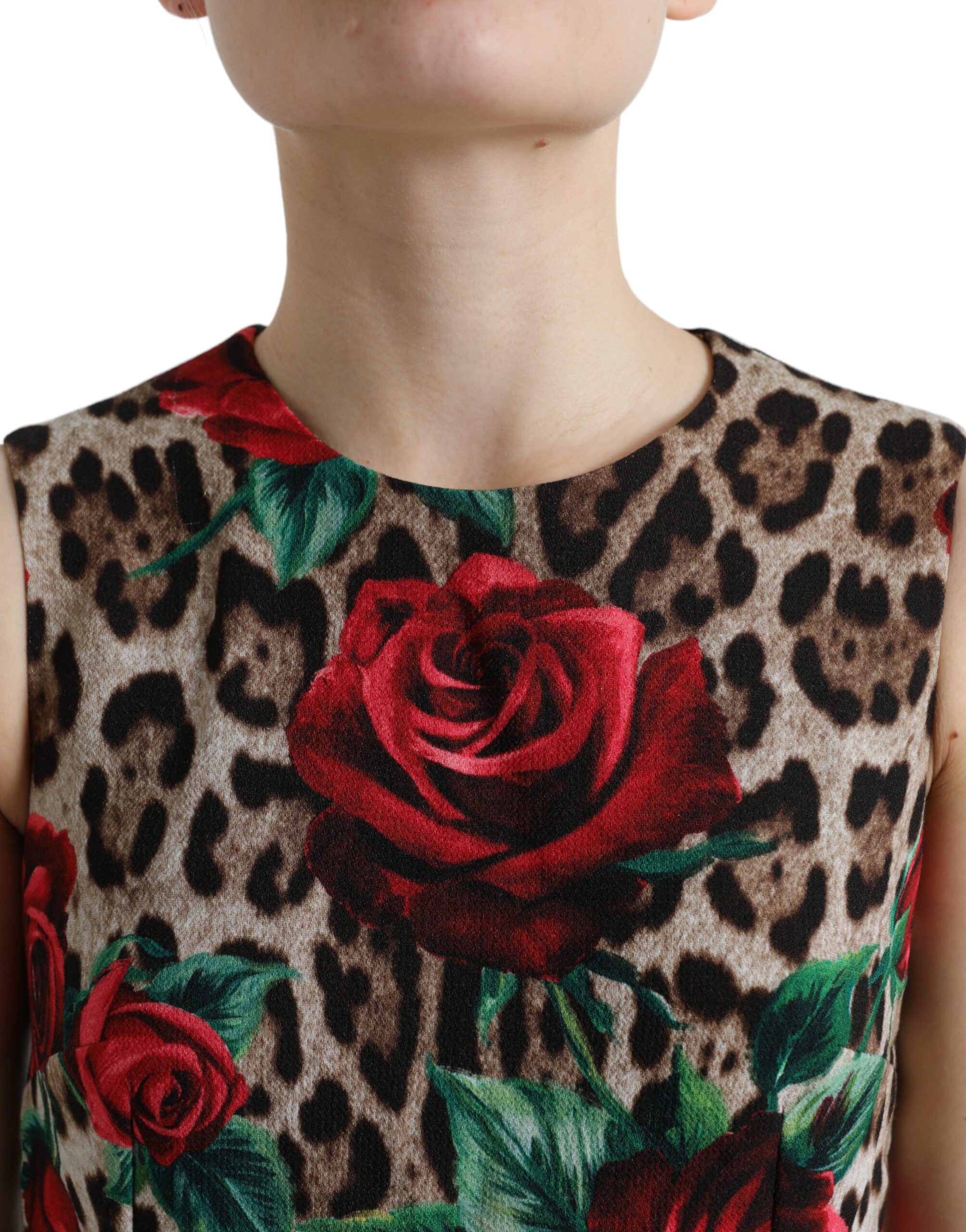 Dolce & Gabbana Brown Leopard Red Roses Wool A-line Dress -   -  Dolce & Gabbana.