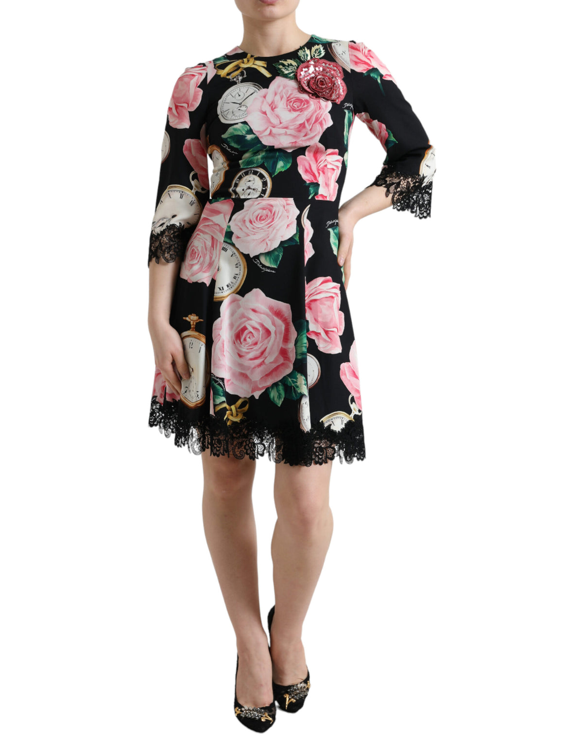 Dolce & Gabbana Black Floral Embellished Lace A-line Dress -   -  Dolce & Gabbana.