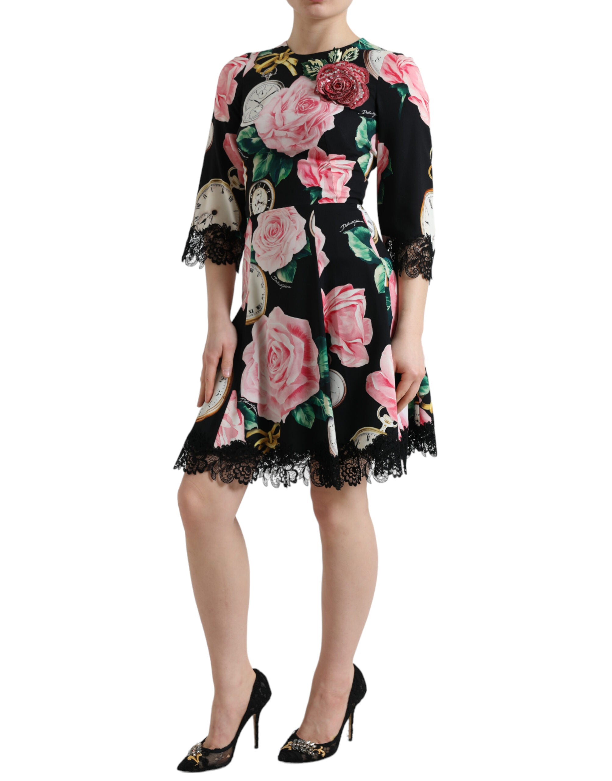 Dolce & Gabbana Black Floral Embellished Lace A-line Dress -   -  Dolce & Gabbana.