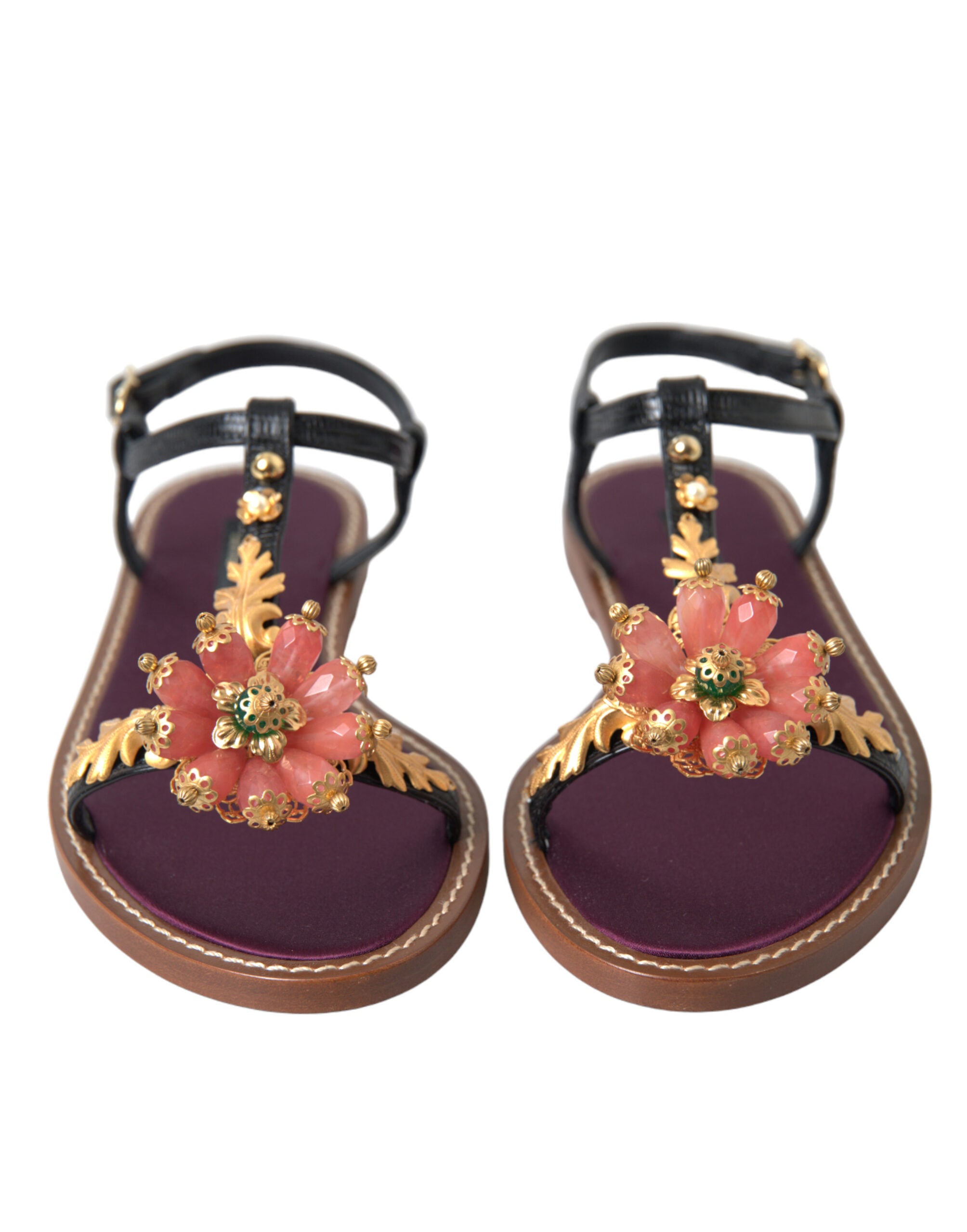 Dolce & Gabbana Black Crystal Gold Sandals Leather Shoes -   -  Dolce & Gabbana.