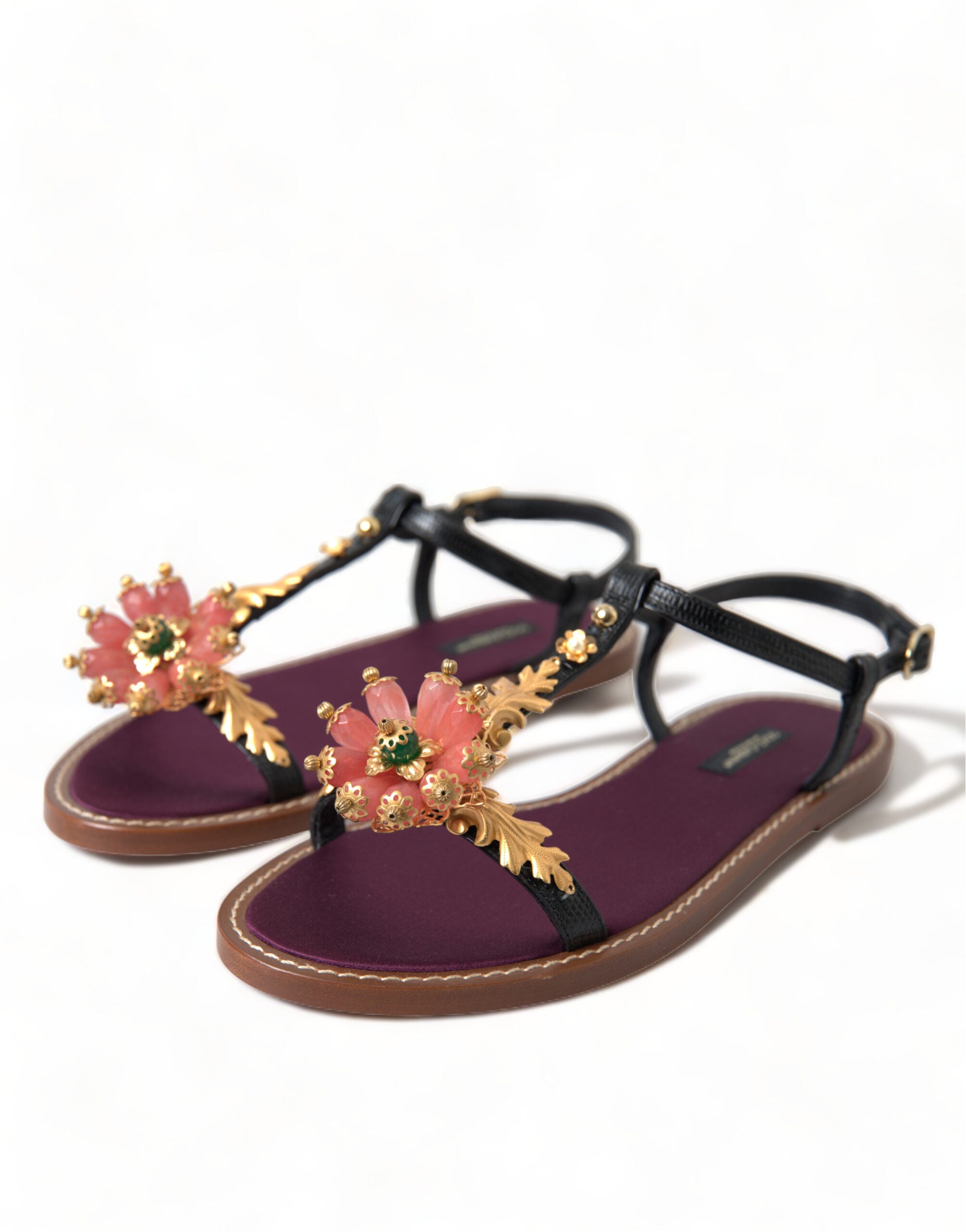 Dolce & Gabbana Black Crystal Gold Sandals Leather Shoes -   -  Dolce & Gabbana.