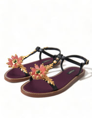 Dolce & Gabbana Black Crystal Gold Sandals Leather Shoes -   -  Dolce & Gabbana.