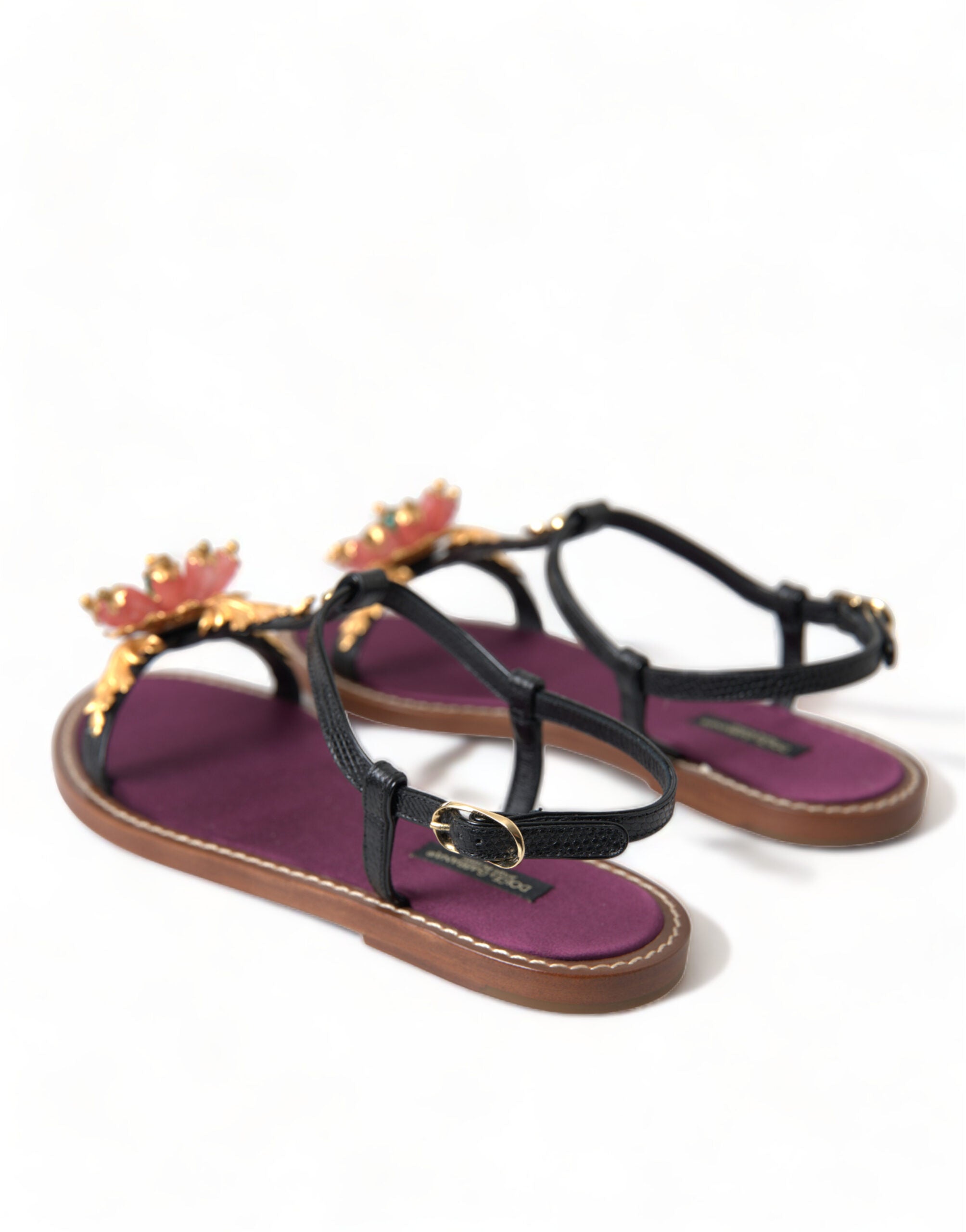 Dolce & Gabbana Black Crystal Gold Sandals Leather Shoes -   -  Dolce & Gabbana.