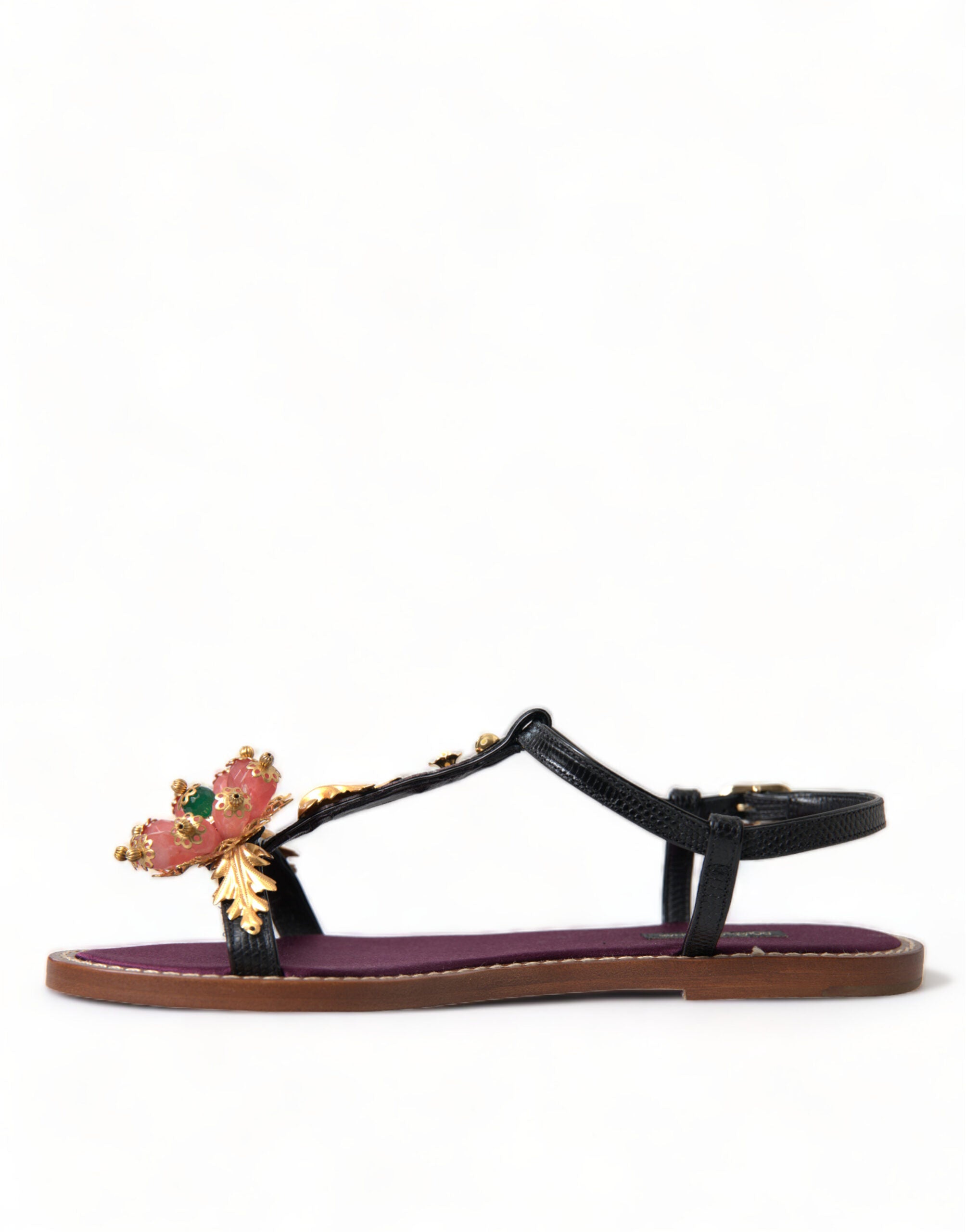 Dolce & Gabbana Black Crystal Gold Sandals Leather Shoes -   -  Dolce & Gabbana.