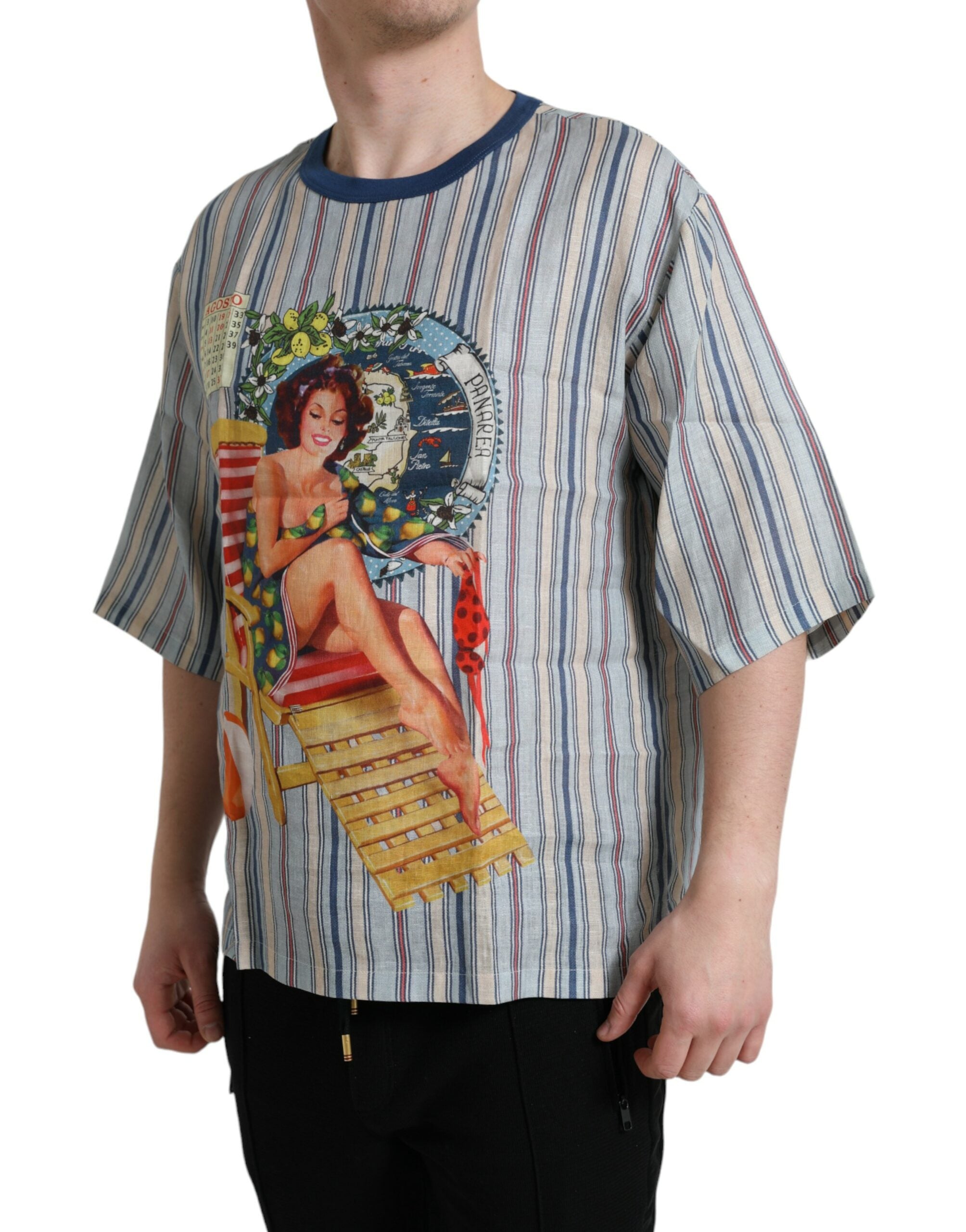 Dolce & Gabbana Multicolor Agosto Print Linen T-shirt -   -  Dolce & Gabbana.