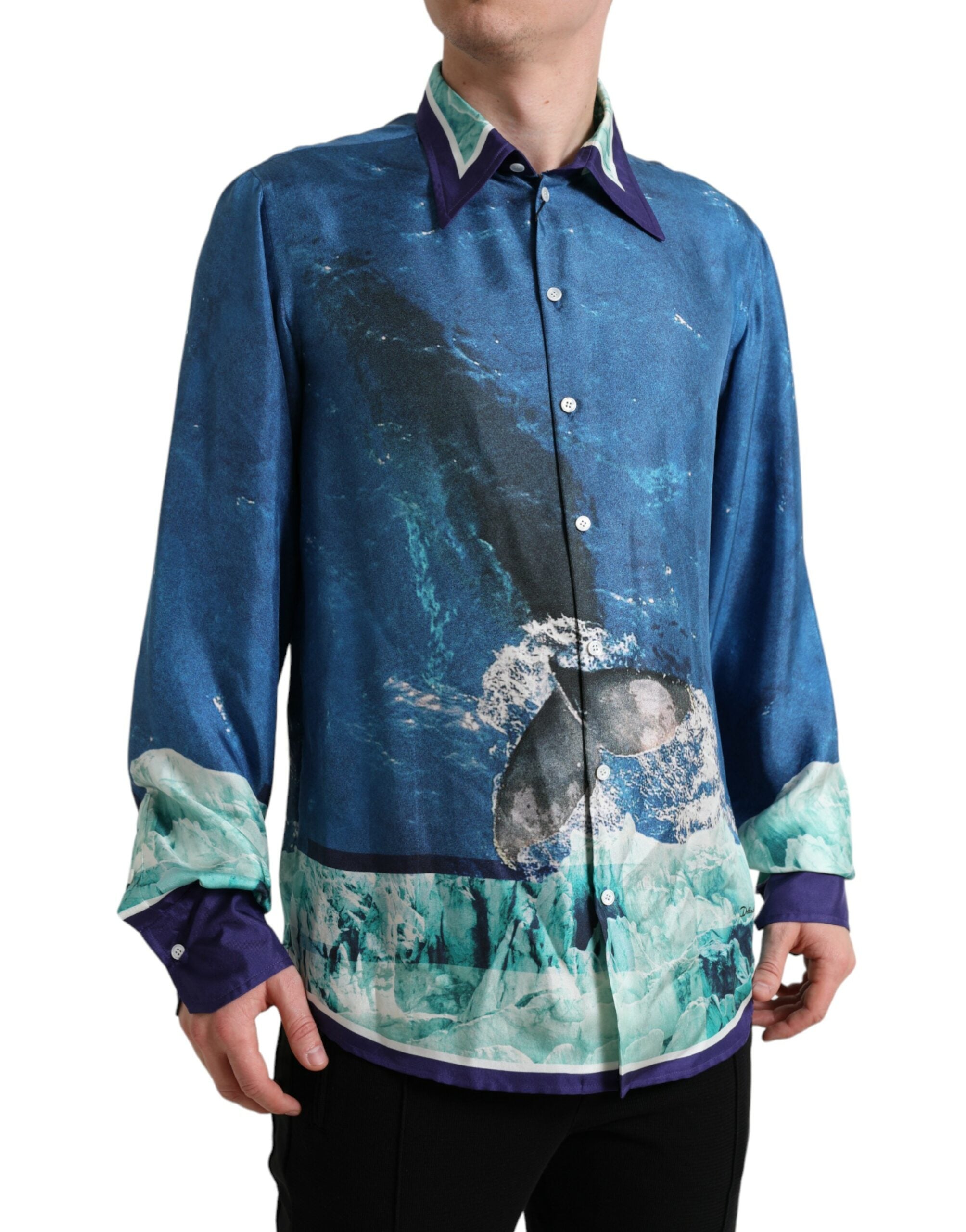Dolce & Gabbana Blue Ocean Print Silk Collared Button Down Shirt -   -  Dolce & Gabbana.