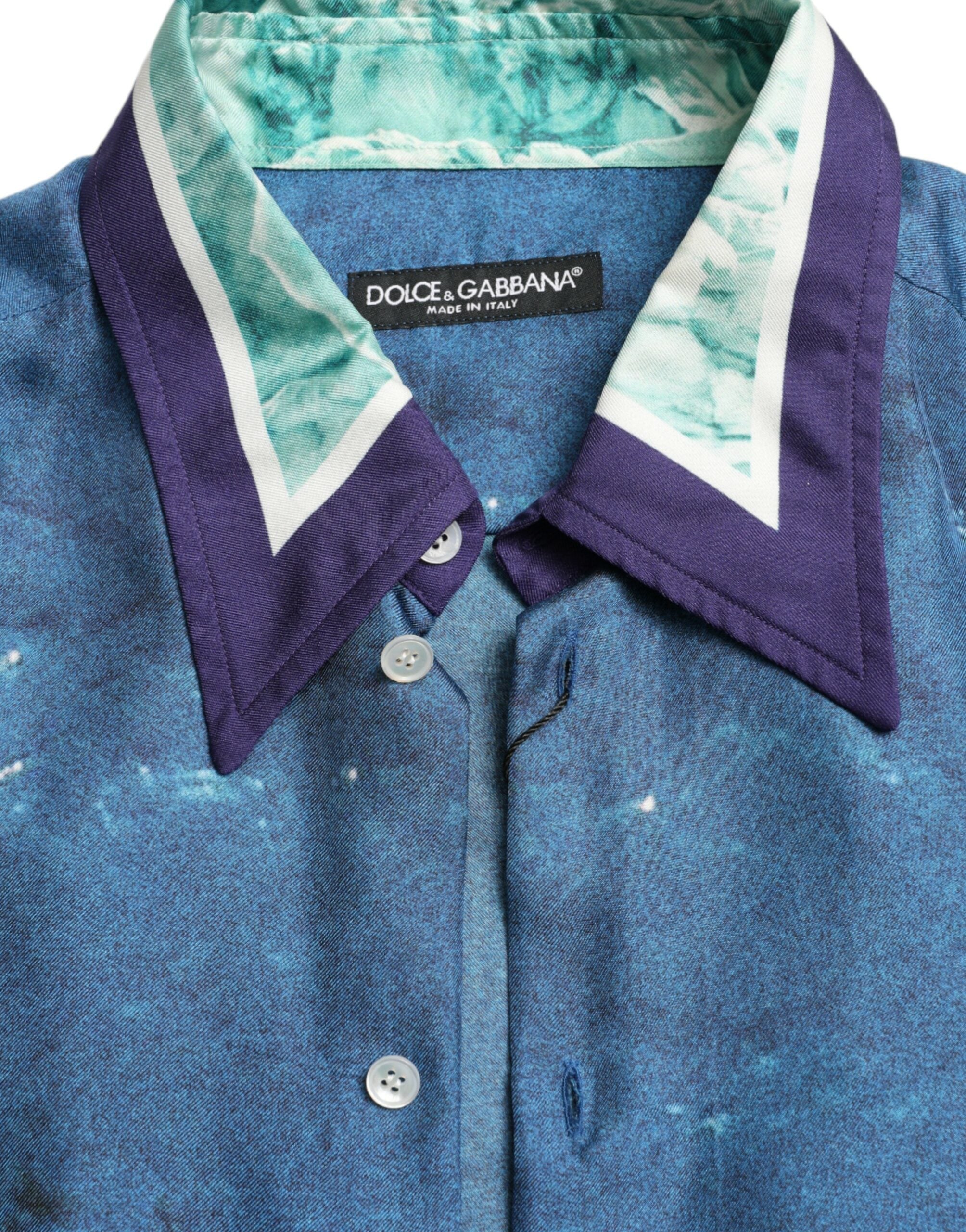 Dolce & Gabbana Blue Ocean Print Silk Collared Button Down Shirt -   -  Dolce & Gabbana.