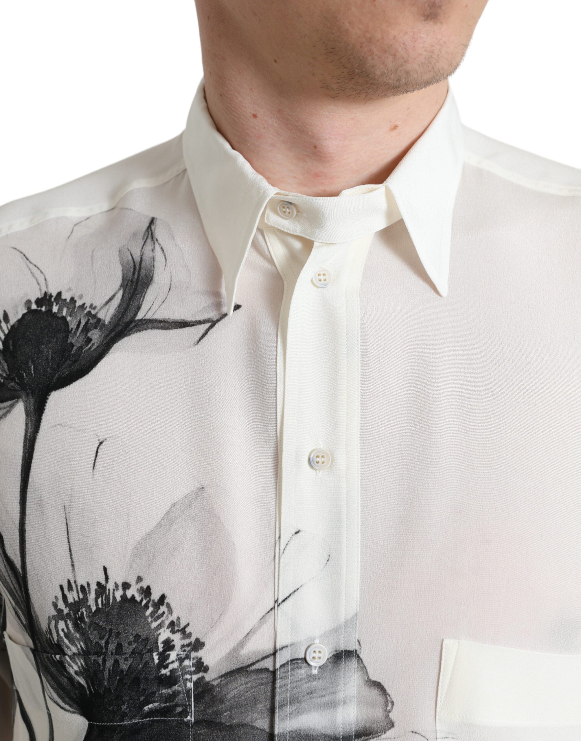 Dolce & Gabbana White Floral Collared Dress Silk Shirt -   -  Dolce & Gabbana.