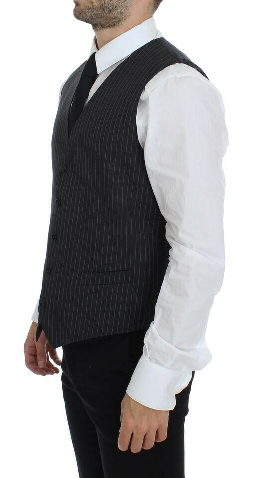 Dolce & Gabbana Gray Striped Wool Single Breasted Vest -  Vests for Men Suits -  Dolce & Gabbana.