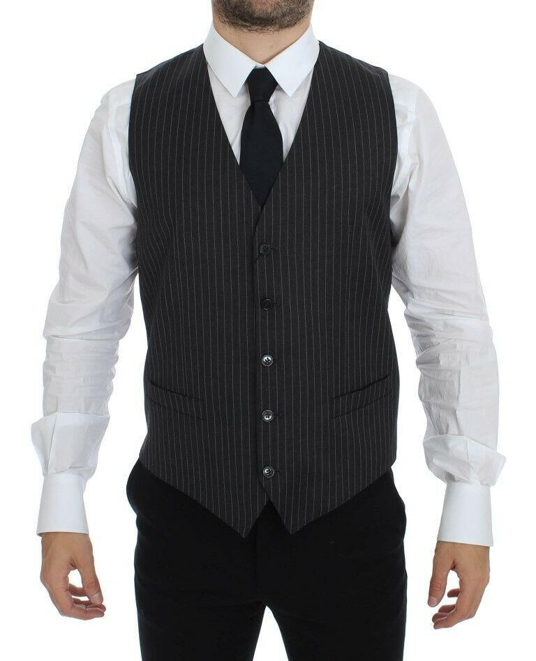 Dolce & Gabbana Gray Striped Wool Single Breasted Vest -  Vests for Men Suits -  Dolce & Gabbana.