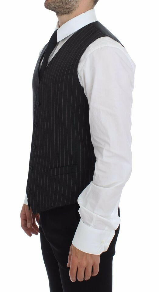 Dolce & Gabbana Gray Striped Wool Logo Vest Gilet Weste -  Vests for Men Suits -  Dolce & Gabbana.
