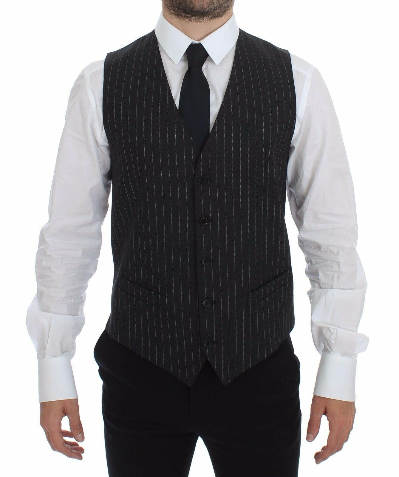 Dolce & Gabbana Gray Striped Wool Logo Vest Gilet Weste -  Vests for Men Suits -  Dolce & Gabbana.