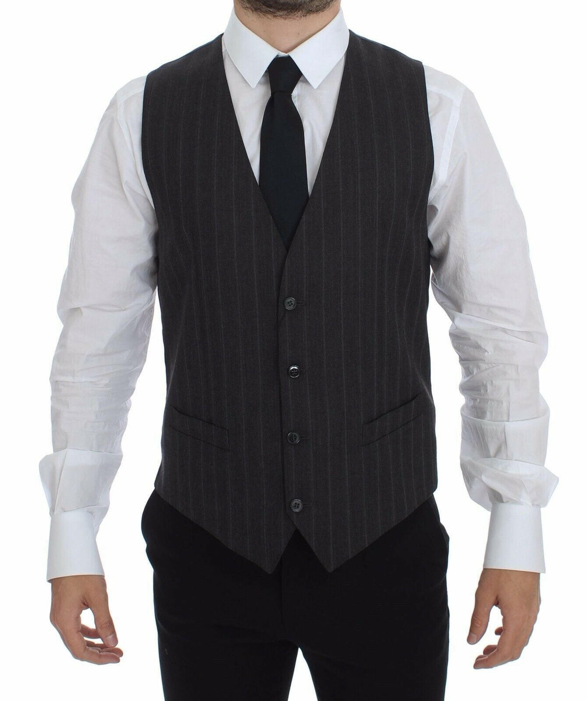 Dolce & Gabbana Gray Striped Wool Logo Vest Gilet Weste -  Vests for Men Suits -  Dolce & Gabbana.