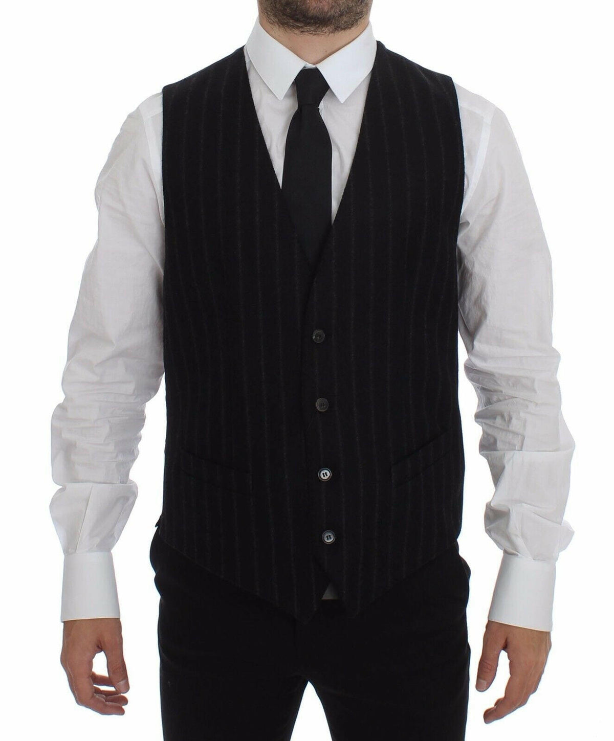Dolce & Gabbana Black Striped Wool Logo Vest Gilet Weste -  Vests for Men Suits -  Dolce & Gabbana.