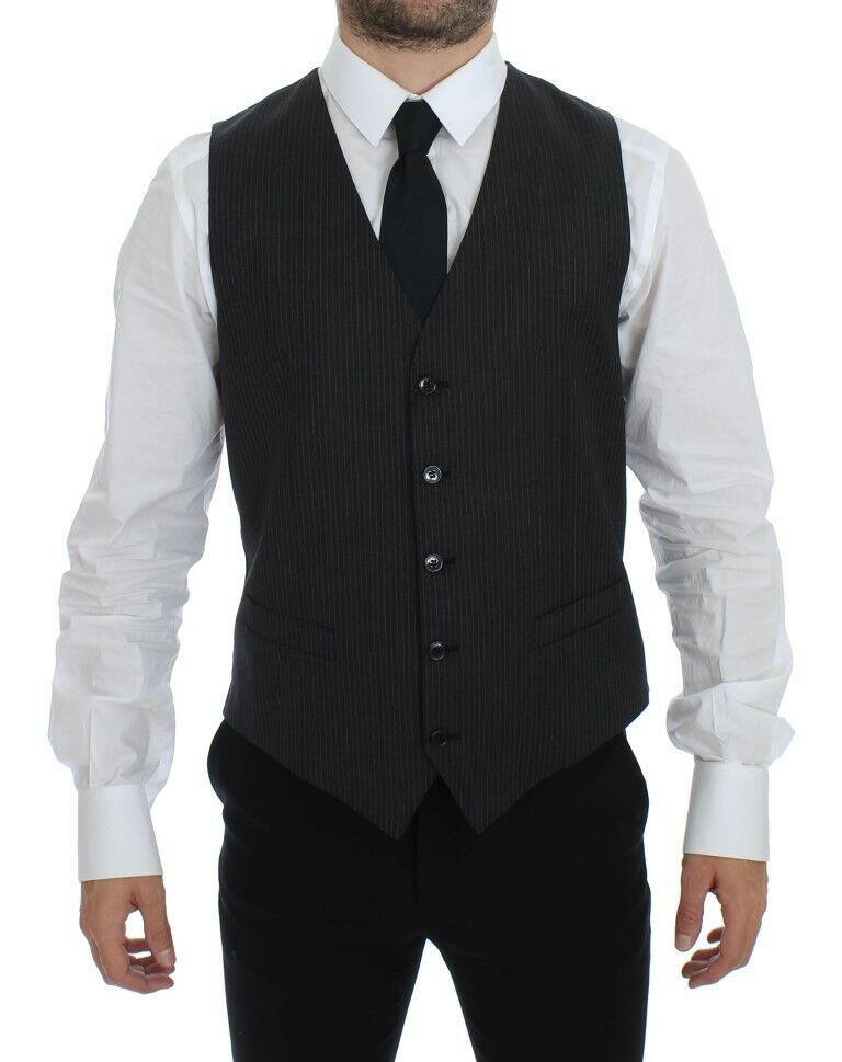 Dolce & Gabbana Gray Striped Wool Single Breasted Vest -  Vests for Men Suits -  Dolce & Gabbana.