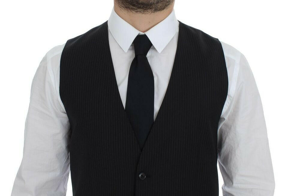 Dolce & Gabbana Black Striped Wool Single Breasted Vest -  Vests for Men Suits -  Dolce & Gabbana.