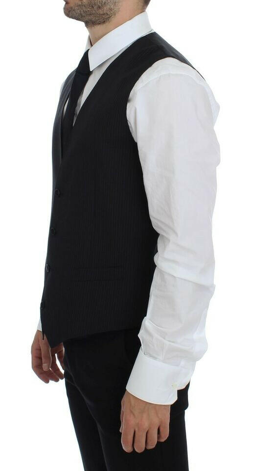 Dolce & Gabbana Black Striped Wool Single Breasted Vest -  Vests for Men Suits -  Dolce & Gabbana.