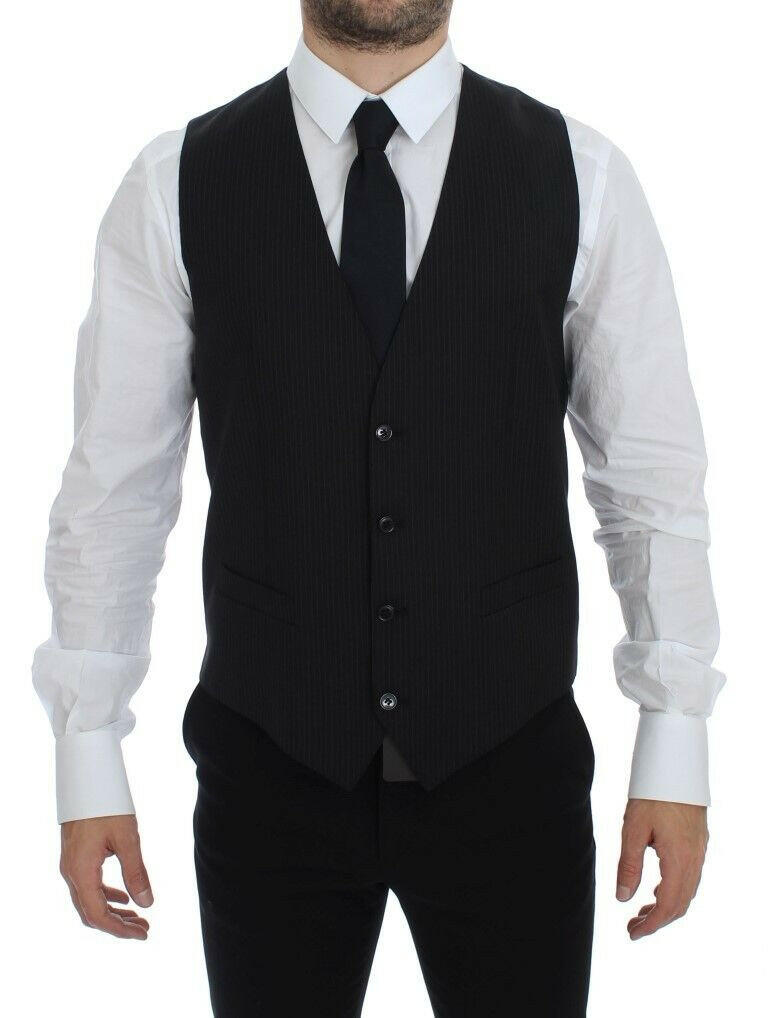 Dolce & Gabbana Black Striped Wool Single Breasted Vest -  Vests for Men Suits -  Dolce & Gabbana.