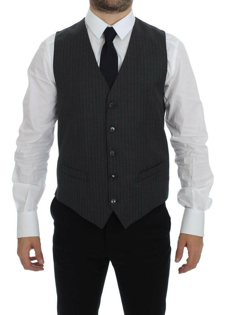 Dolce & Gabbana Gray Striped Wool Single Breasted Vest -  Vests for Men Suits -  Dolce & Gabbana.
