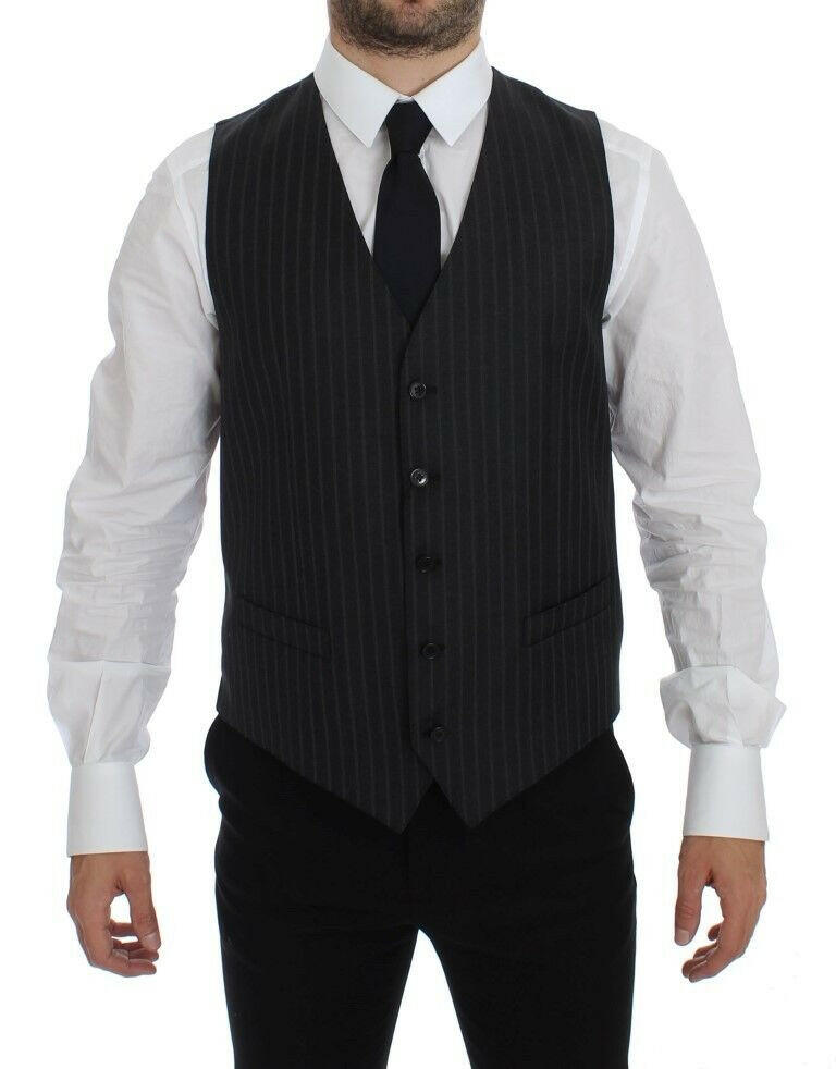 Dolce & Gabbana Gray Striped Wool Logo Vest Gilet Weste -  Vests for Men Suits -  Dolce & Gabbana.