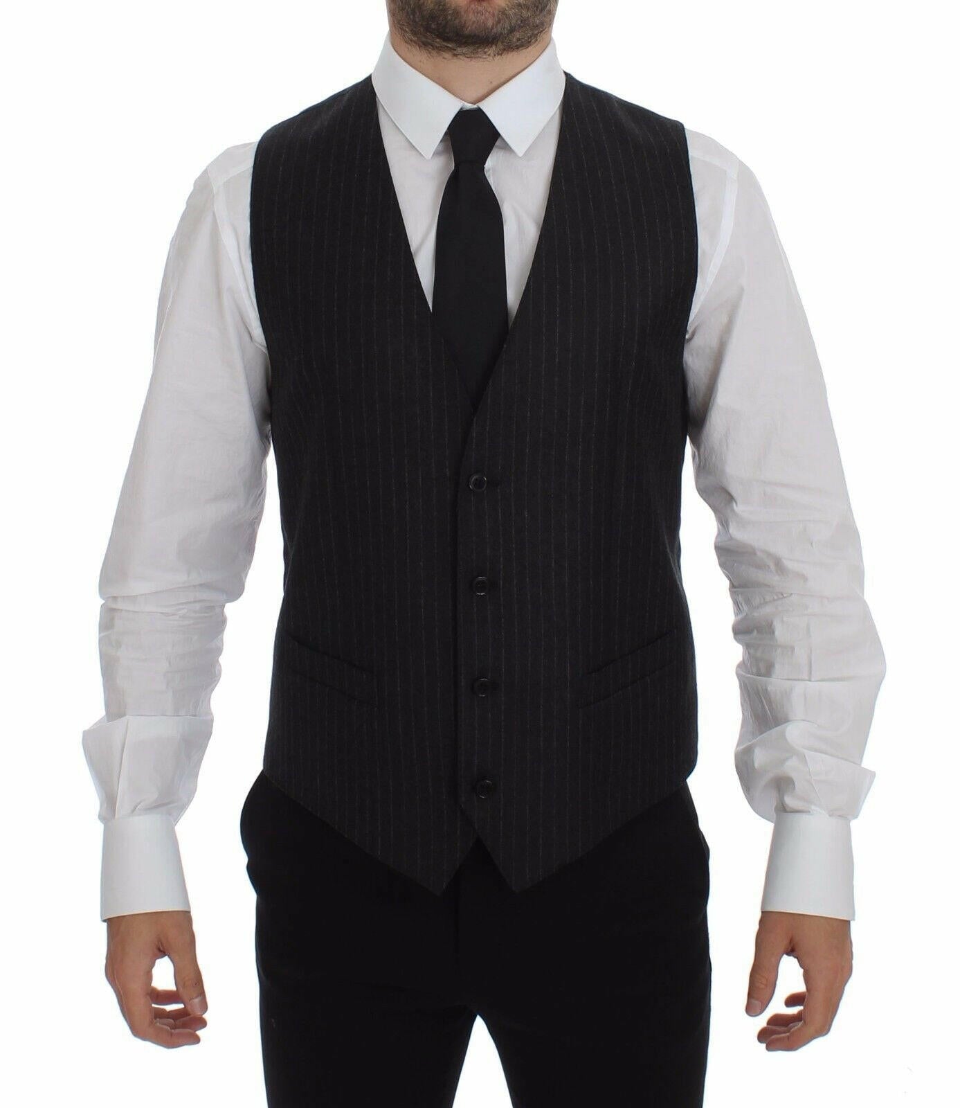 Dolce & Gabbana Gray Striped Wool Logo Vest Gilet Vests -  Vests for Men Suits -  Dolce & Gabbana.