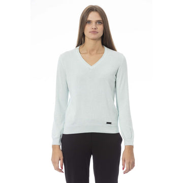 Baldinini Trend - Elegant Ribbed Trim Cashmere Blend V-Neck Sweater - Light Blue