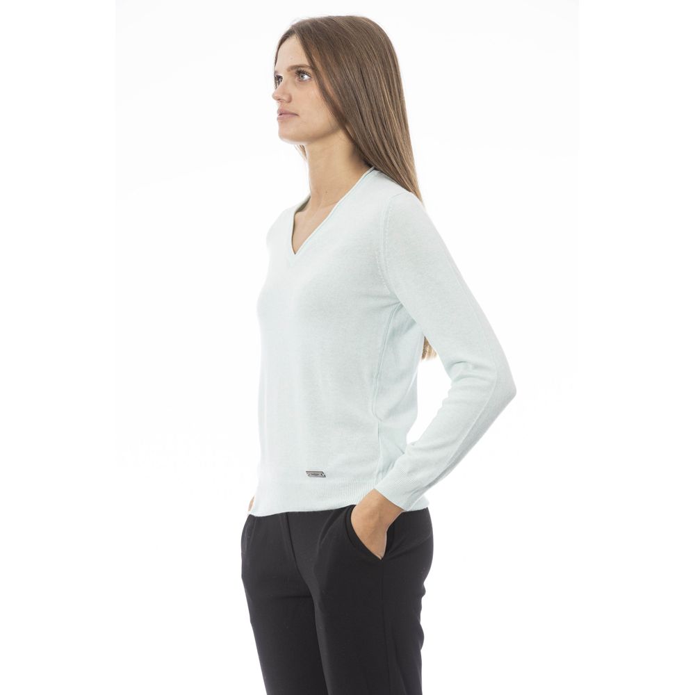 Baldinini Trend - Elegant Ribbed Trim Cashmere Blend V-Neck Sweater - Light Blue