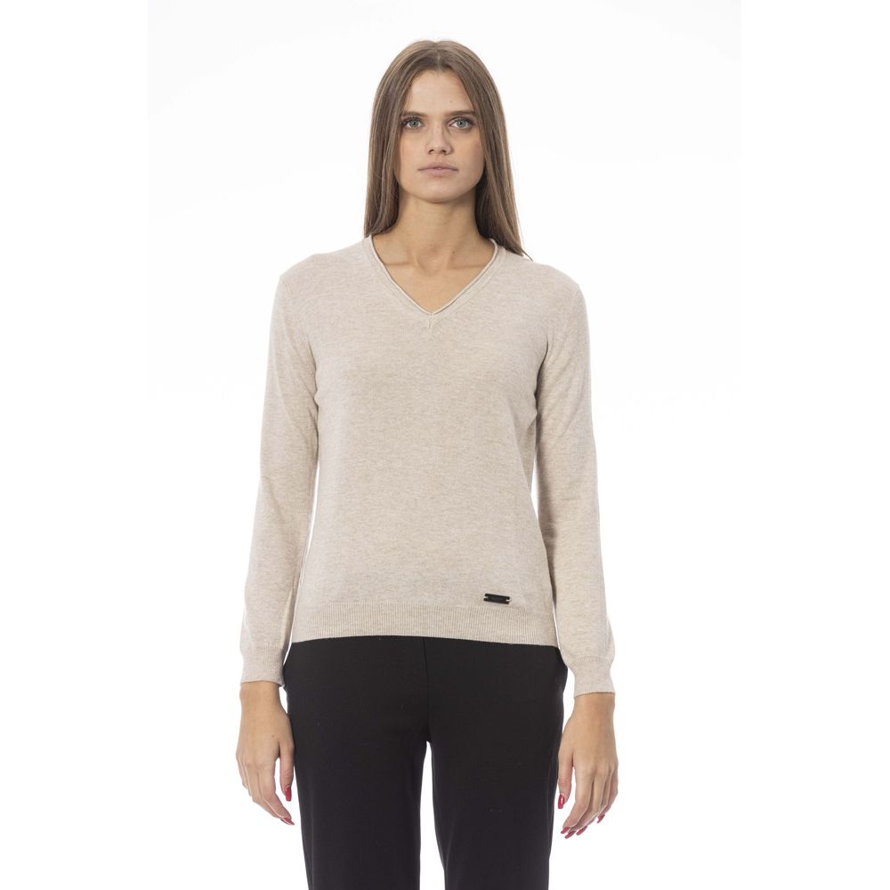 Baldinini Trend - Elegant Cashmere Blend Regular Fit V-Neck Sweater - Beige