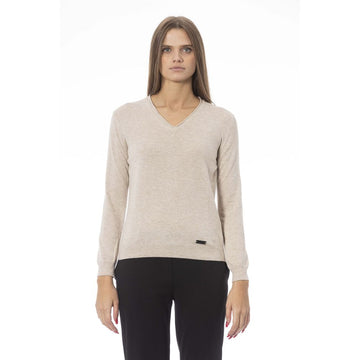 Baldinini Trend - Elegant Cashmere Blend Regular Fit V-Neck Sweater - Beige