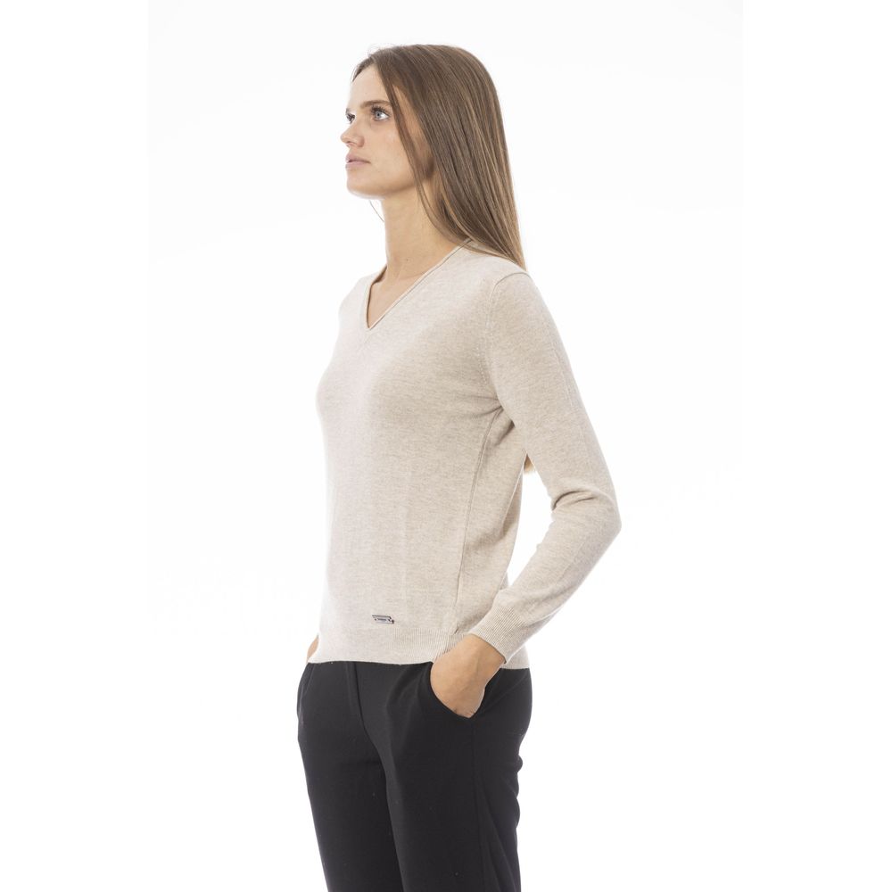 Baldinini Trend - Elegant Cashmere Blend Regular Fit V-Neck Sweater - Beige
