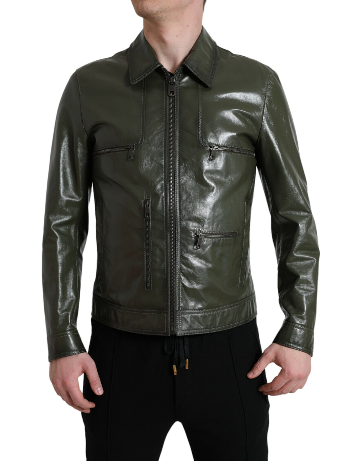 Dolce & Gabbana Green Leather Collared Biker Full Zip Jacket -   -  Dolce & Gabbana.