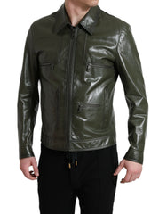 Dolce & Gabbana Green Leather Collared Biker Full Zip Jacket -   -  Dolce & Gabbana.